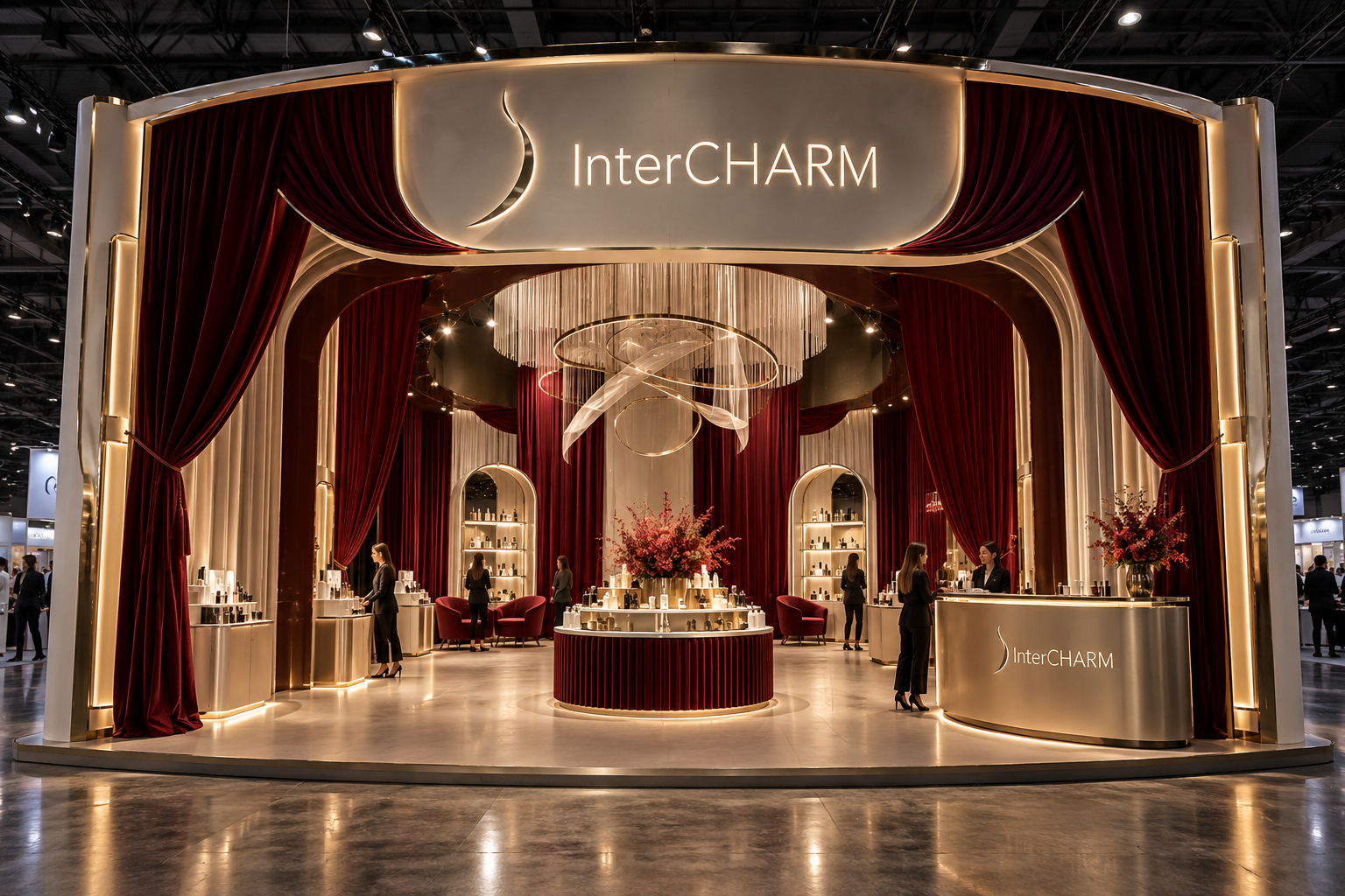 Концепт InterCHARM: выразительный театральный портал, бордовые многослойные кулисы, золотистая архитектура и зона презентации продукта
