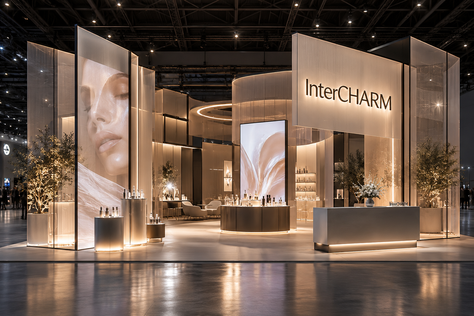 Концепт InterCHARM: полупрозрачные архитектурные слои, световые экраны, открытый маршрут и минималистичная выставочная сцена