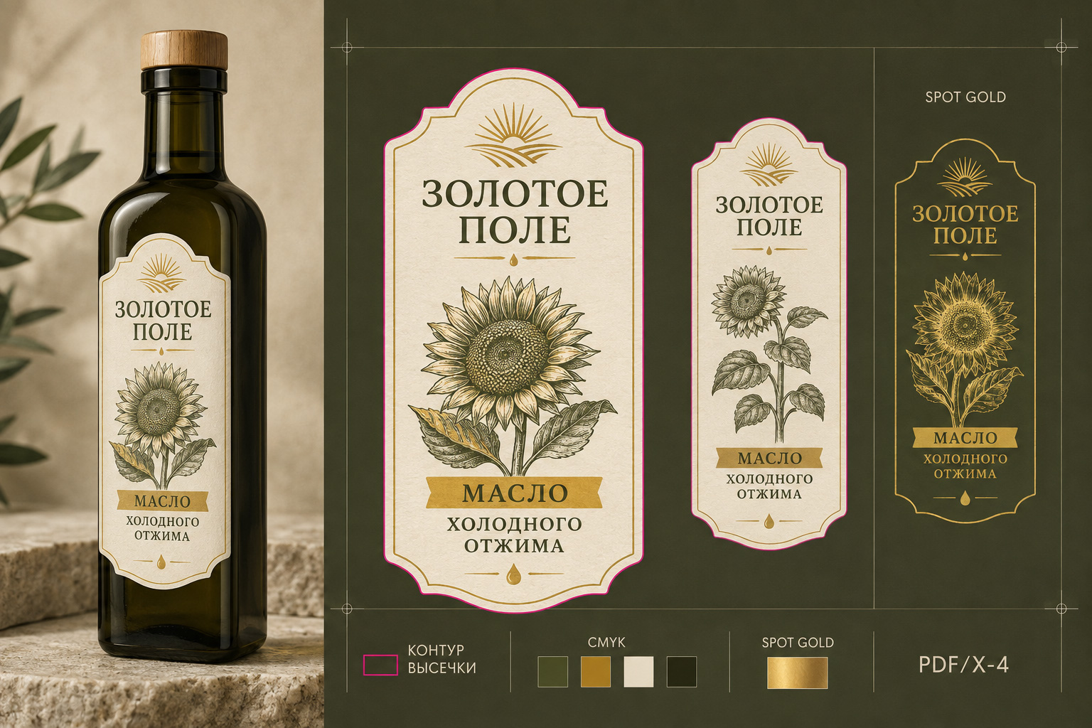 Дизайн этикетки масла Золотое поле: бутылка, варианты этикетки, контур высечки и Spot Gold